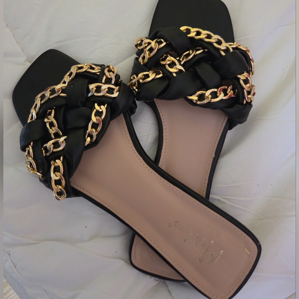 Mixx Shuz Black Braided Slide Sandals with Gold Chain